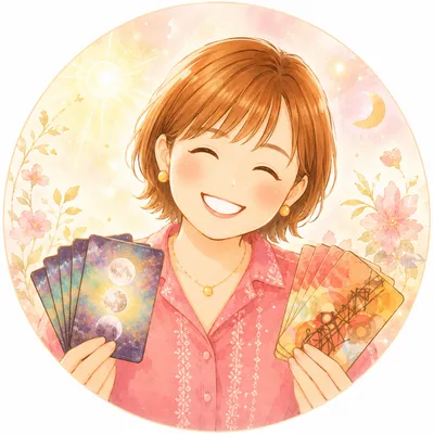タロットカードを手にほほえむ HARUKA